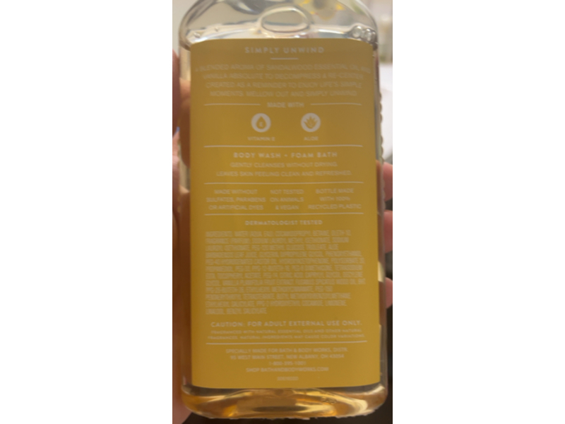 Bath & Body Works Aroma Simply Unwind Body Wash, Sandalwood & Vanilla, 10 fl oz/295 mL