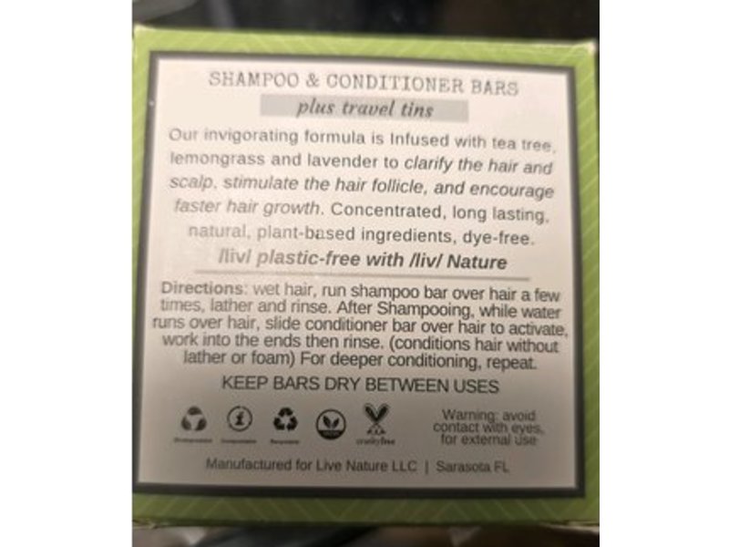 /Liv/Nature Shampoo & Conditioner Bar Combo Starter Set, Tea Tree & Lemongrass, 3.4 oz
