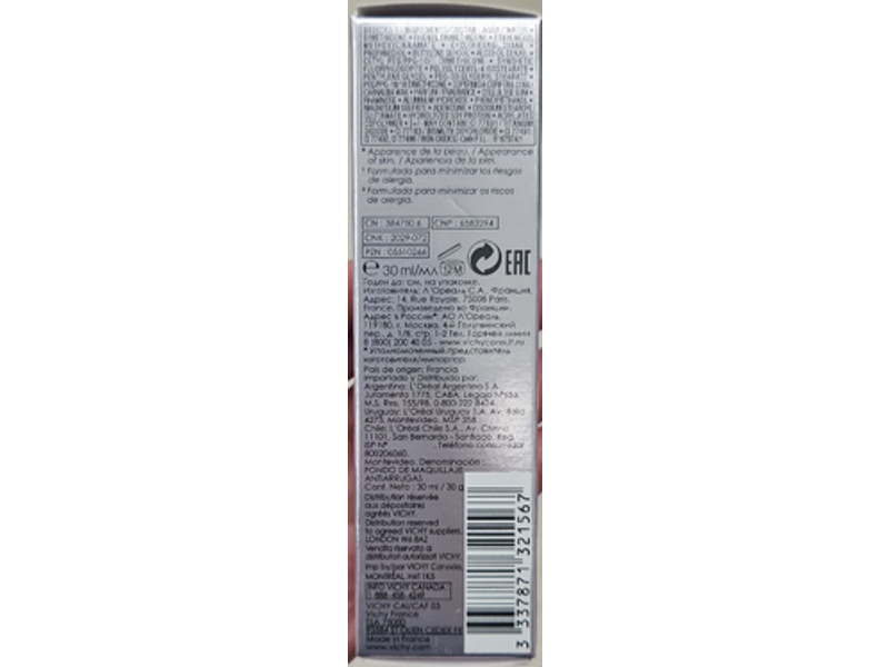 Vichy Laboratories Make-Up Foundation, 25 Nude, SPF 20, 1 oz/30 mL