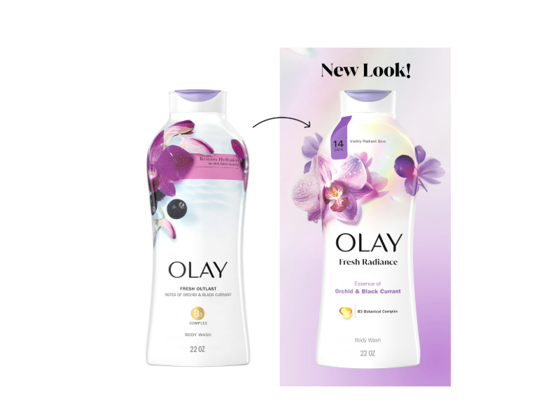 Olay Fresh Radiance Body Wash, Orchid & Black Currant, 22 fl oz/650 mL, Pack Of 4