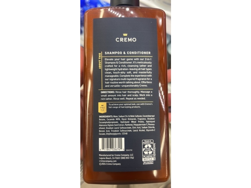 Cremo 2 In 1 Shampoo & Conditioner, Palo Santo, 16 fl oz/473 mL