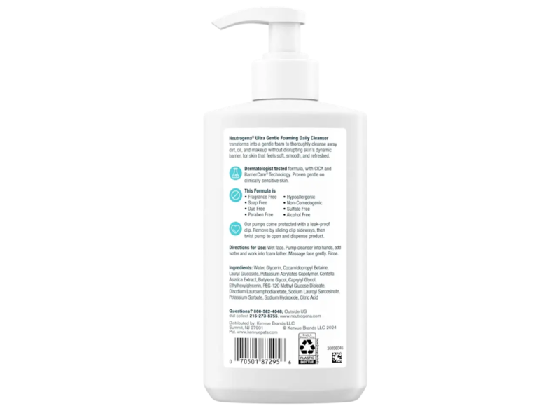 Neutrogena Ultra Gentle Daily Cleanser, Foaming Formula, Normal To Sensitive Skin, 12 fl oz/354 mL
