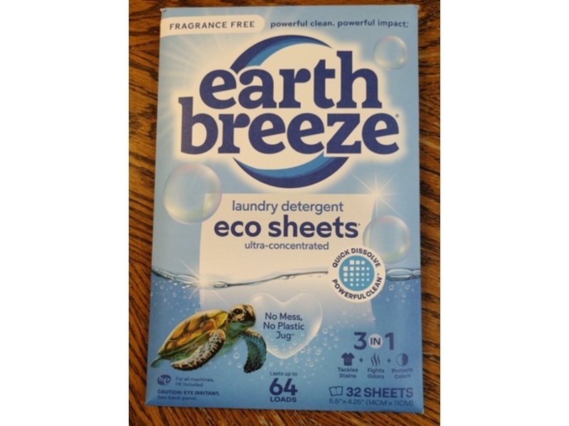 Earth Breeze Laundry Detergent Eco Sheets, Fragrance-Free, 64 Loads, 32 Count