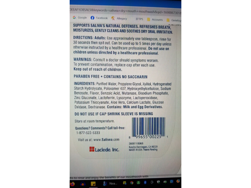 Salivea Extra Gentle Mouthwash, Soothing Mint, 16 fl oz/473 mL,