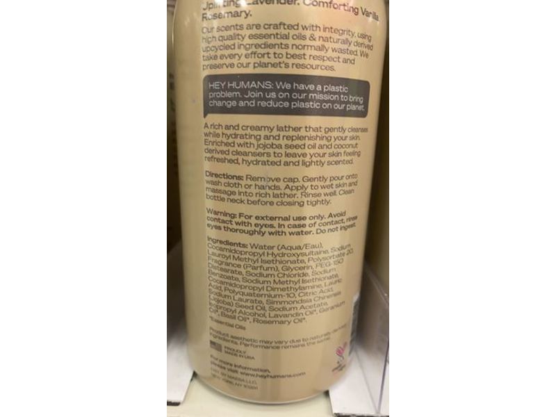 Hey Humans Naturally Derived Body Wash, Lavender Vanilla, 14 fl oz/414 mL