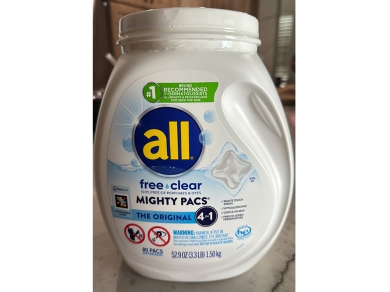 All The Original Mighty Pacs Laundry Detergent, Free Clear, 80 Pacs, 52.9 oz/1.50 kg