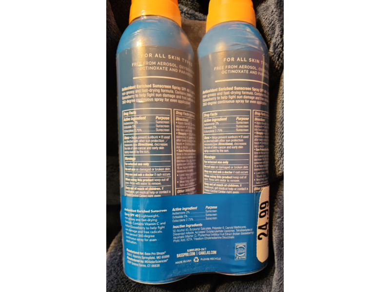 Bass Pro Shops Antioxidant Enriched Sunscreen Spray, SPF 40, 6 fl oz/177 mL, Pack Of 2