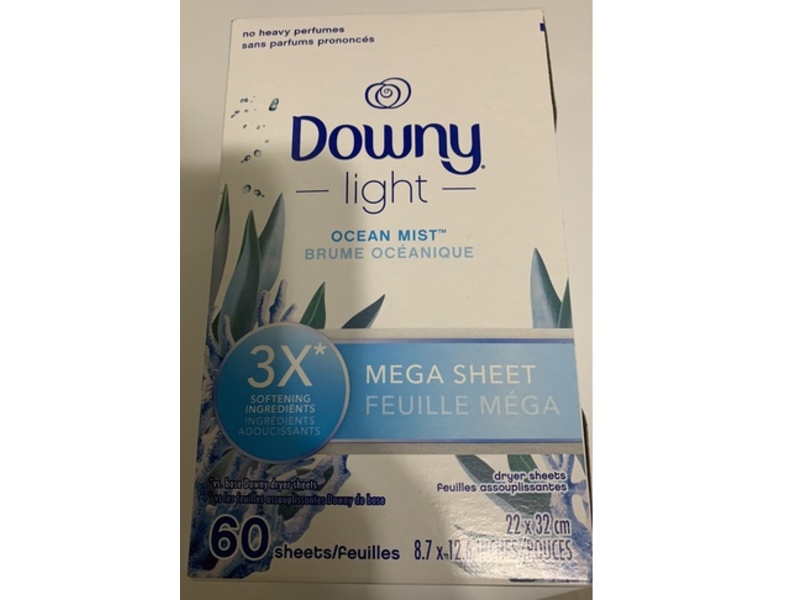 Downy Light Mega Dryer Sheets, Ocean Mist, 60 Count
