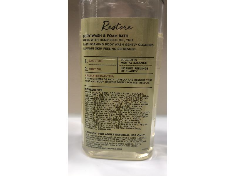 Bath & Body Works Aromatherapy Body Wash & Foam Bath, Restore, Sage Plus Mint, 10 fl oz / 295 mL