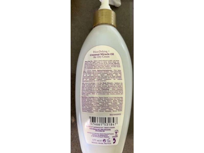 Ogx Air Dry Cream, Frizz-Defying + Coconut Miracle Oil, 6 fl oz/177 mL