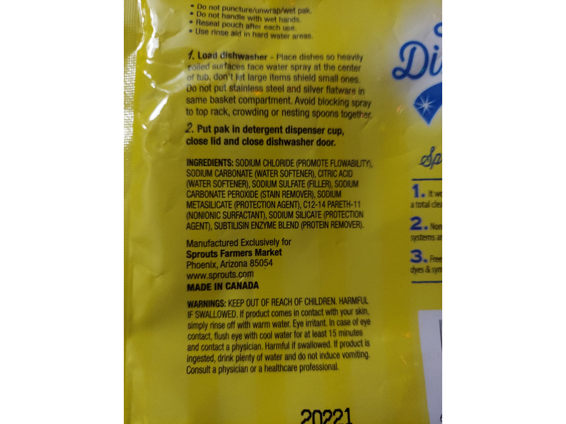 Sprouts Farmers Market Auto Dish Paks, Free & Clear, 12.7 oz/360 g, 20 Paks