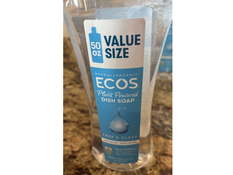 Ecos Hypoallergenic Plant Powered Dish Soap, Free & Clear, 25 fl oz/739 mL, Pack Of 2