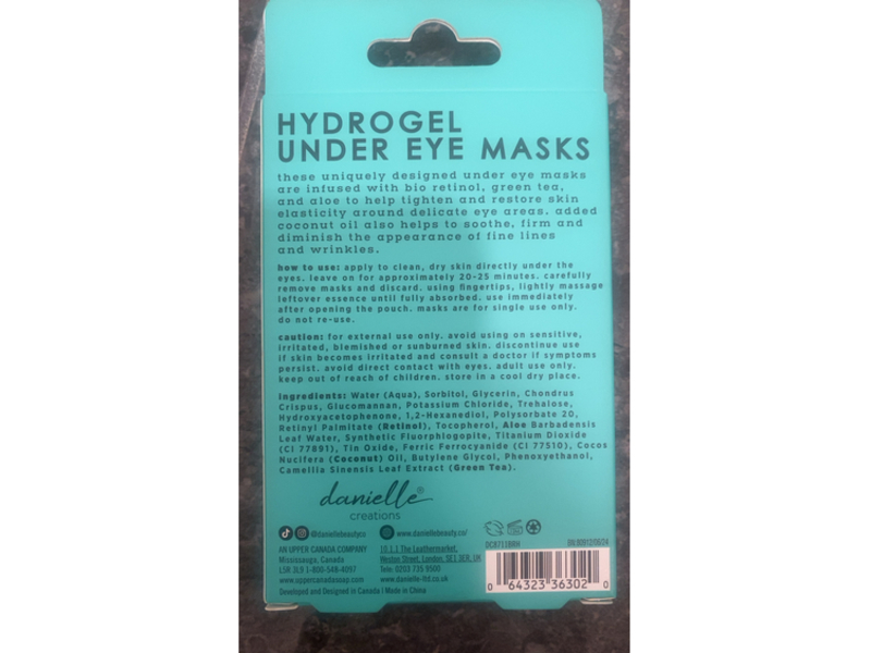 Danielle Hydrogel Under Eye Masks, Green Tea, Aloe + Coconut Oil, 0.1 fl oz/2.7 g