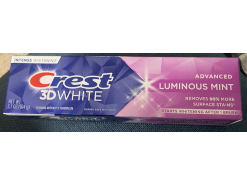 Crest 3D White Intense Whitening Advanced Fluoride Anticavity Toothpaste, Luminous Mint, 3.7 oz/104 g, Pack Of 4