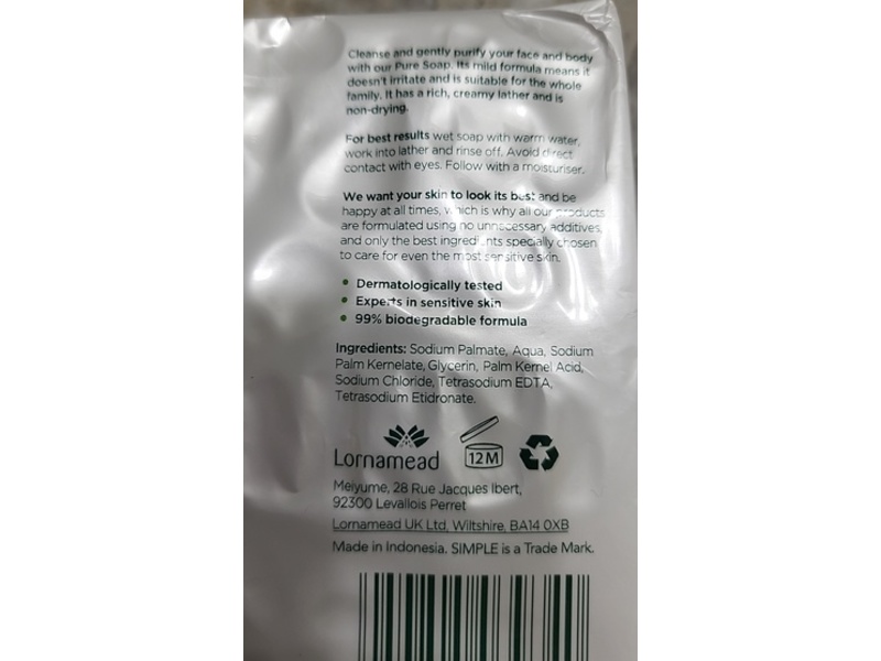 Simple Pure Soap, 3.5 oz/100 g, Pack Of 2