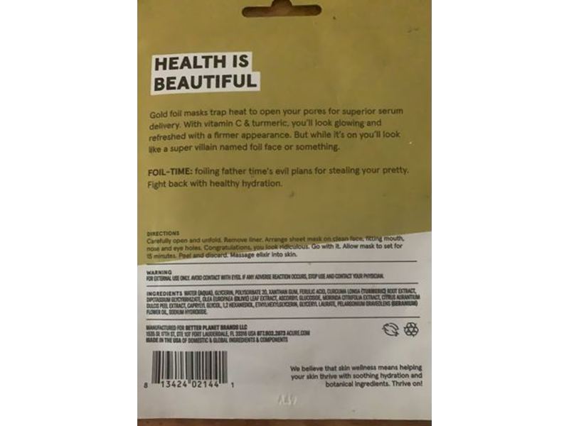 Acure Foil-Time Firming Gold Foil Mask, Vitamin C & Turmeric, 0.67 fl oz/20 mL
