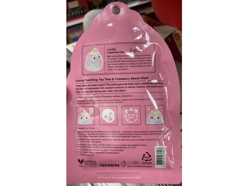Squishmallows x Tonymoly Laurel Soothing Sheet Mask, Tea Tree + Cranberry, 0.74 oz/21 g
