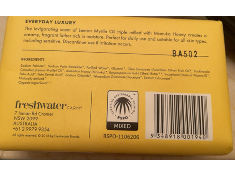 Freshwater Man Soothing Castile Body Bar, Lemon Myrtle Oi + Manuka Honey, 7 oz/200 g