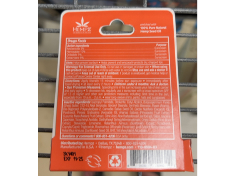 Hempz Ultimate Hydration Herbal Lip Sunscreen, Sweet Pineapple & Honey Melon, SPF 30, 0.15 oz/4.25 g