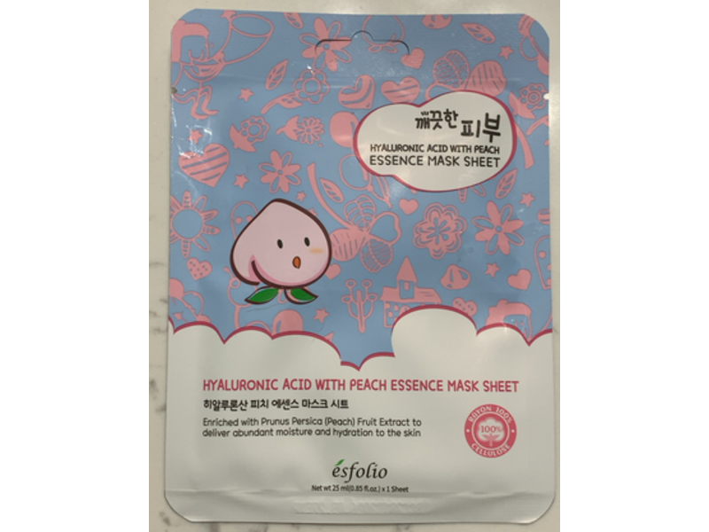 Esfolio Hyaluronic Acid Sheet Mask, Peach Essence, 0.85 fl oz/25 mL, 10 Count