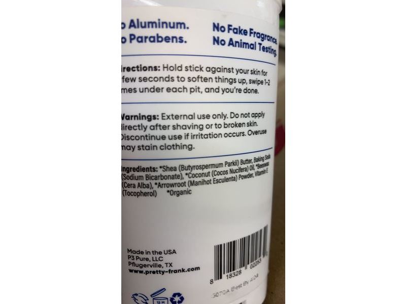 Pretty Frank Natural Deodorant, Unscented, 2.7 oz/77 g