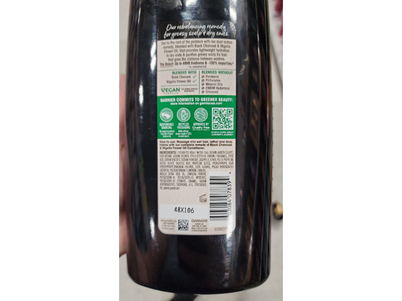 Garnier Whole Blends Rebalancing Shampoo, Black Charcoal & Nigella Flower Oil, 26.6 fl oz/786 mL