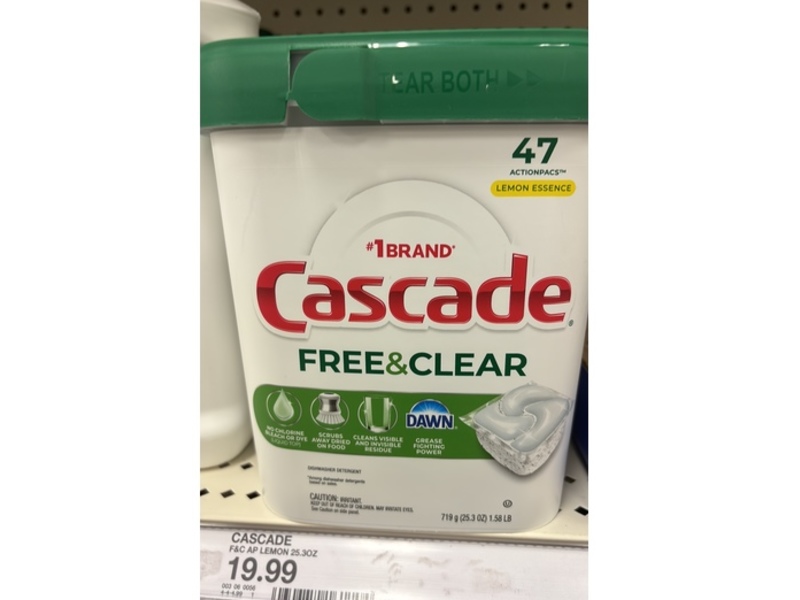 Cascade Free & Clear ActionPacs, Lemon Essence, 25.3 oz/719 g, 47 Pacs