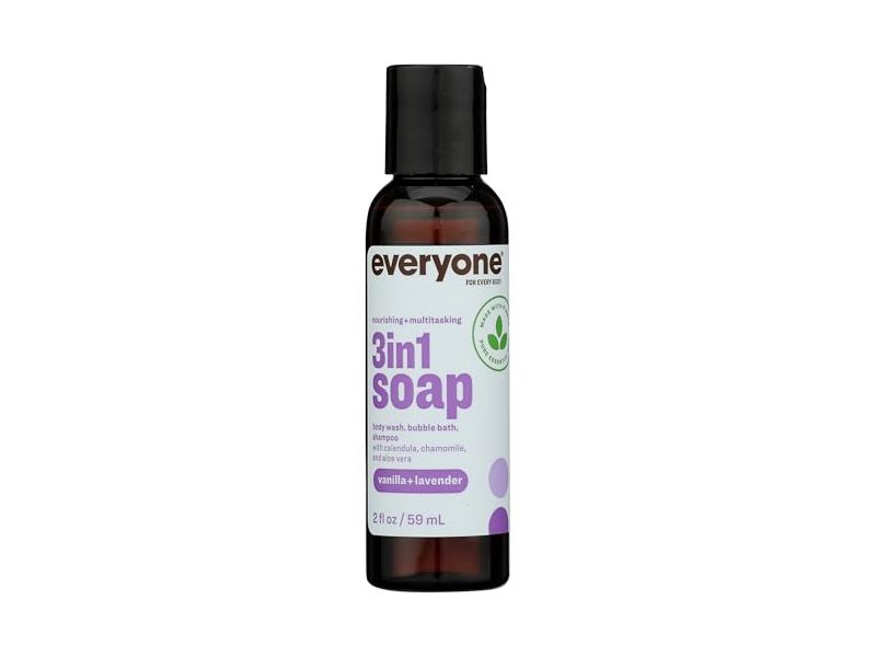 Everyone 3-In-1 Soap Body Wash, Bubble Bath, Shampoo, Vanilla + Lavender, 2 fl oz/59 mL