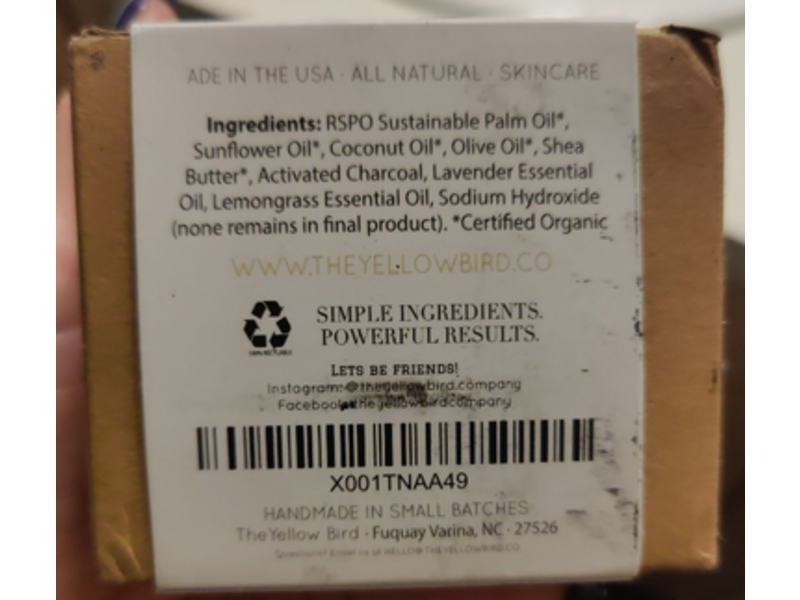 The Yellow Bird Soap Bar, Activated Charcoal, Lemongrass & Lavender, 4.5 oz, 2 Counts