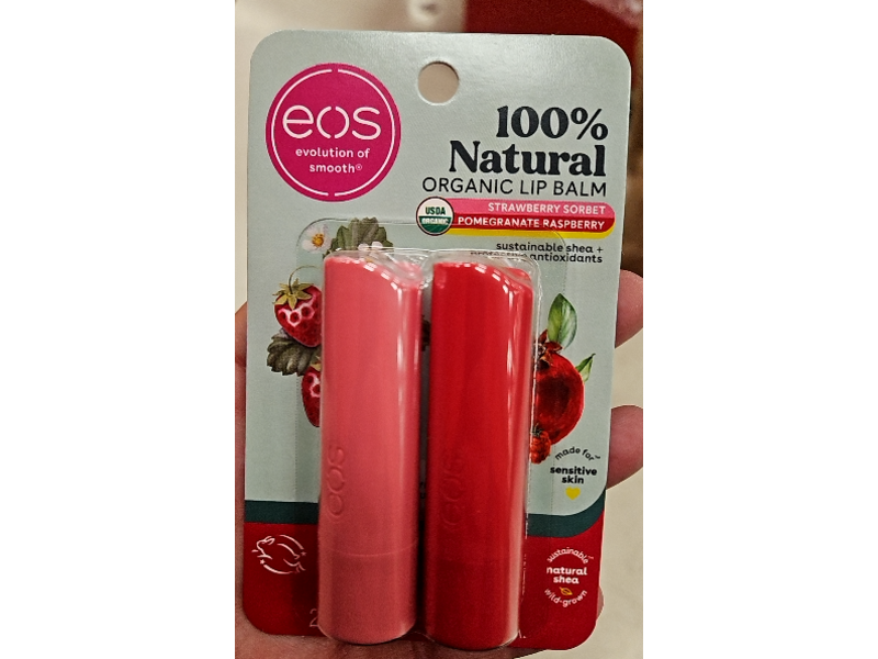 Ecos Natural Organi Lip Balm Duo, Strawberry Sorbet & Pomegranate Raspberry, 0.14 fl oz/4 g