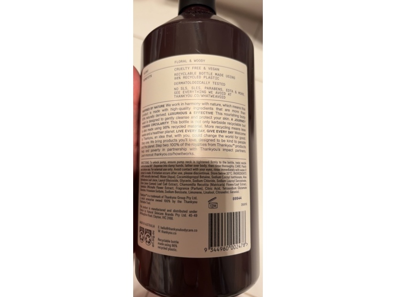 Thankyou Body Wash, Botanical Geranium, Rose & Wood, 33.8 fl oz/1 L
