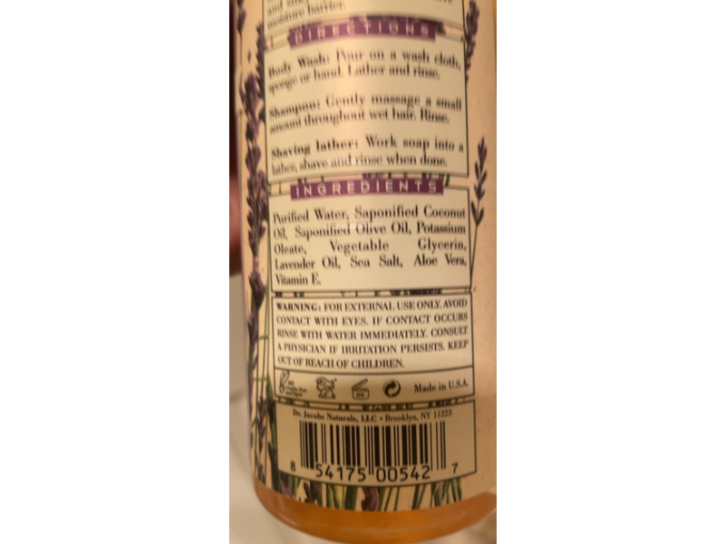 Dr. Jacobs Naturals Pure Castile Liquid Soap Face & Body Wash, Lavender, 16 oz/473 mL