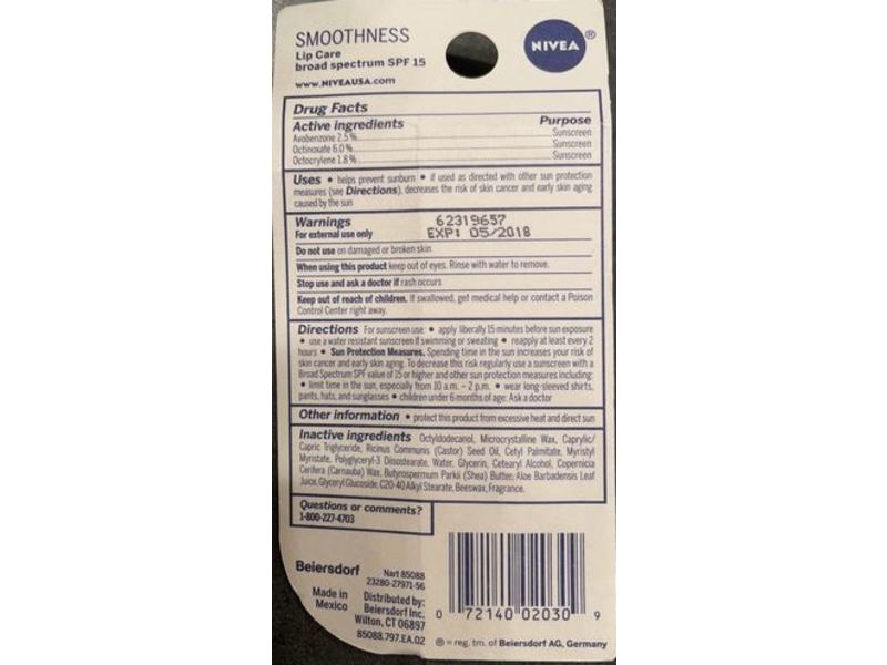 Nivea Smoothness Lip Care Sunscreen, SPF 15, 0.17 oz/4.8 g