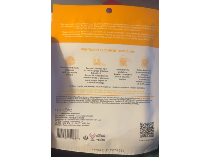 Avatara Brightening Hydrogel Mask, Vitamin C, 0.95 oz/27 g