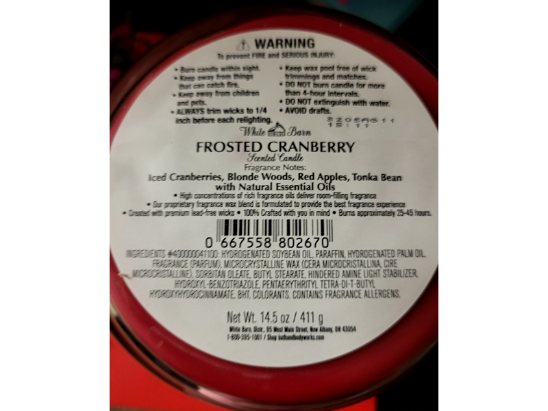 Bath & Body Works Scented Candle, White Barn Frosted Cranberry, 14.5 oz/411 g
