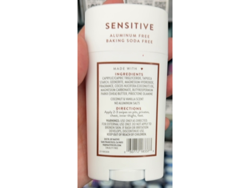 Native Whole Body Sensitive Deodorant, Coconut & Vanilla, 2.4 oz/68 g