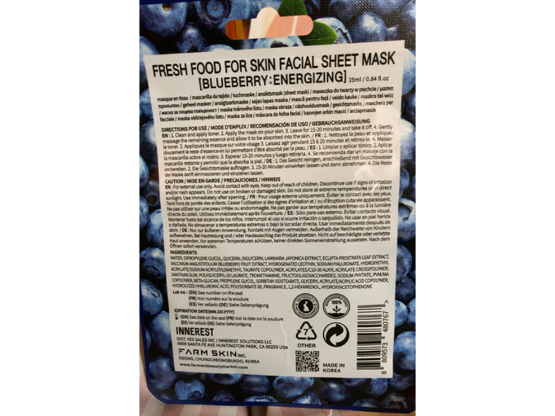 Farm Skin Facial Sheet Mask, Blueberry, 0.84 fl oz/25 mL, 10 Count