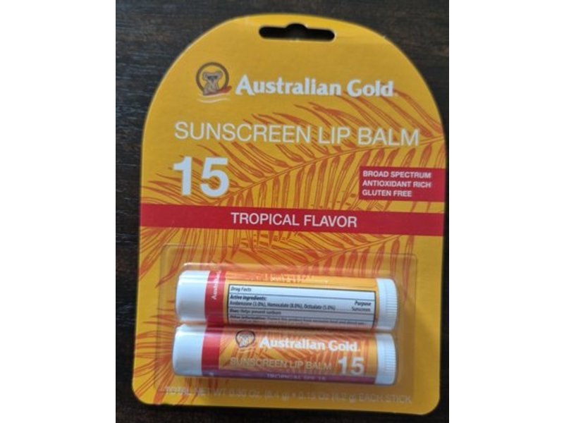 Australian Gold Sunscreen Lip Balm, SPF 15, Tropical Flavor, 0.30 oz/8.4 g, Pack Of 2