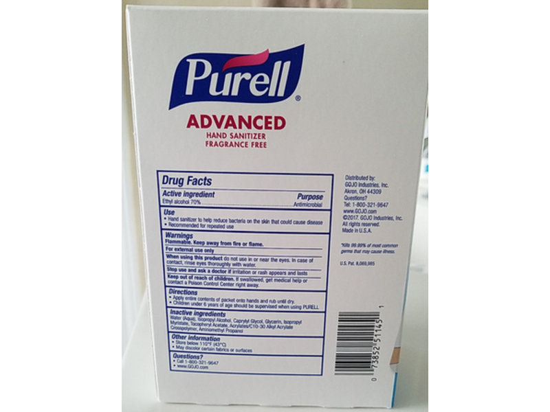 Purell Advanced Hand Sanitizer, Fragrance Free, 125 Count