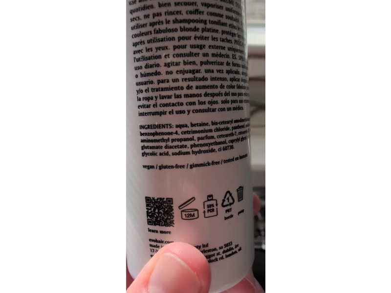 Evo Fabuloso Toning Mist, Platinum Blonde, 4.73 fl oz/140 mL