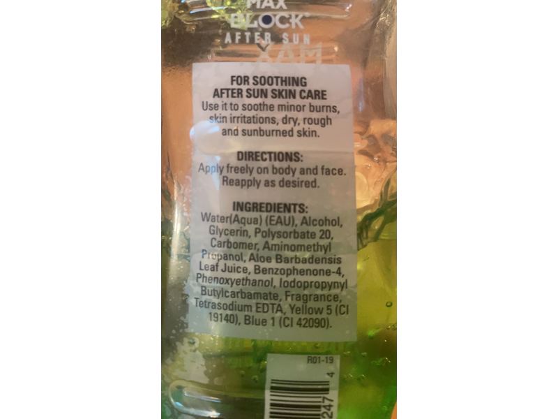 Max Block After Sun Soothing Gel, Aloe Vera, 9.7 oz/275 g