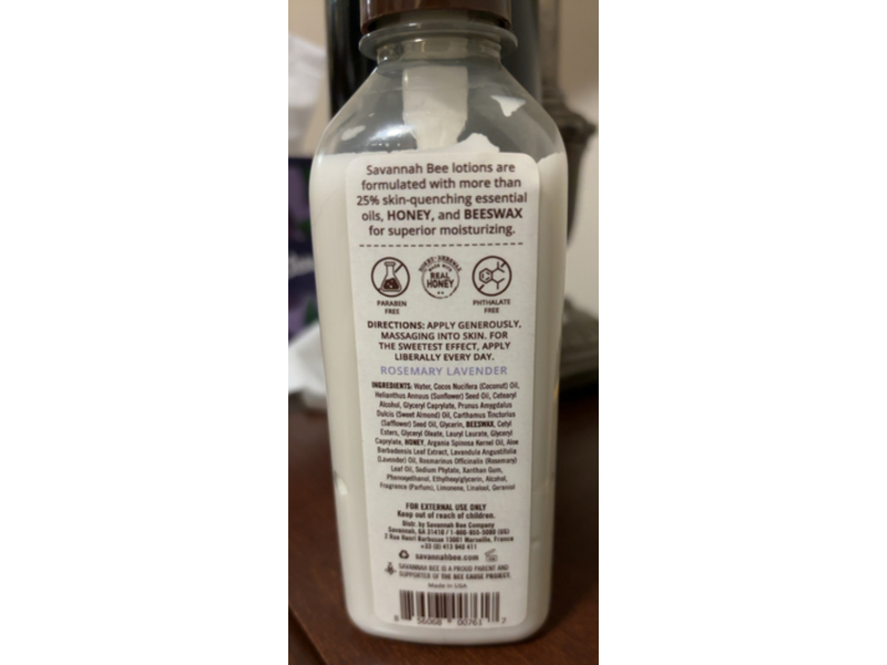 Savannah Bee Company Real Honey Body Lotion, Rosemary Lavender, 9.5 fl oz/280.9 mL