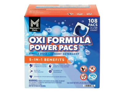 Member's Mark Oxi Formula Power Pacs Laundry Detergent, 108 Pacs, 108.64 oz/3.08 kg