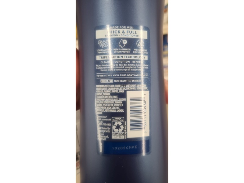 Suave Men Thick & Full Strengthening 2-In-1 Shampoo + Conditioner, Birch & Oakwood, 28 fl oz/828 mL