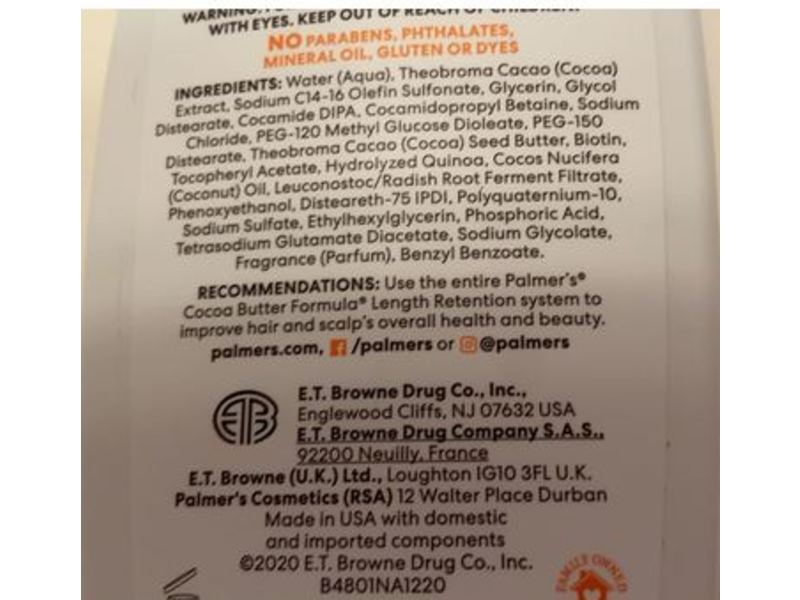 Palmer's Cocoa Butter Formula Length Retention Shampoo, Biotin, Vitamin E, 13.5 fl oz/400 mL