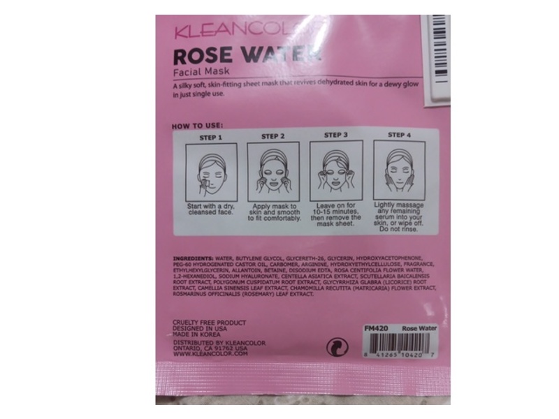 Kleancolor Facial Mask, Rose Water, 0.84 fl oz/25 mL, 1 Count