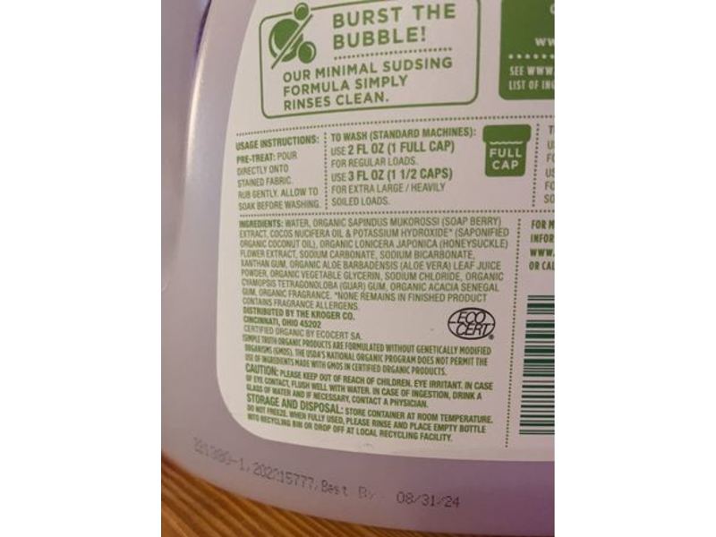 Simple Truth Organic Laundry Detergent, Sweet Lavender, 60 Loads, 100 fl oz,2.95 L