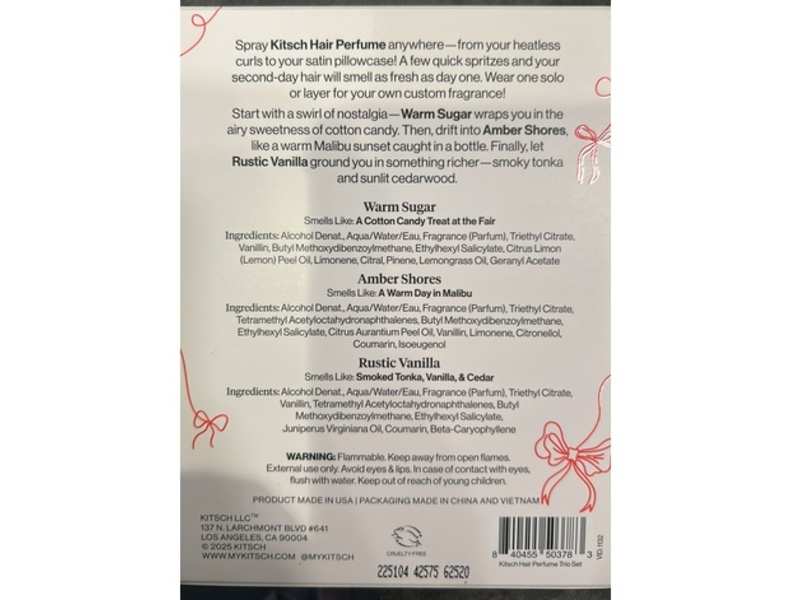 Kitsch Hair Perfume Trio Set, Warm Sugar, Amber Shores, Rustic Vanilla, 0.34 fl oz/10 mL