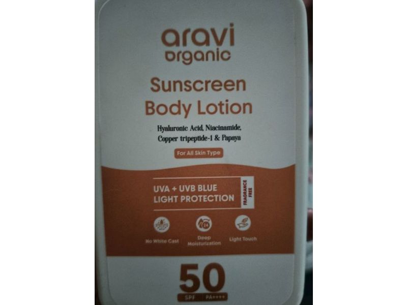 Aravi Organic Sunscreen Body Lotion, SPF 50 PA++++, 6.76 fl oz/200 mL