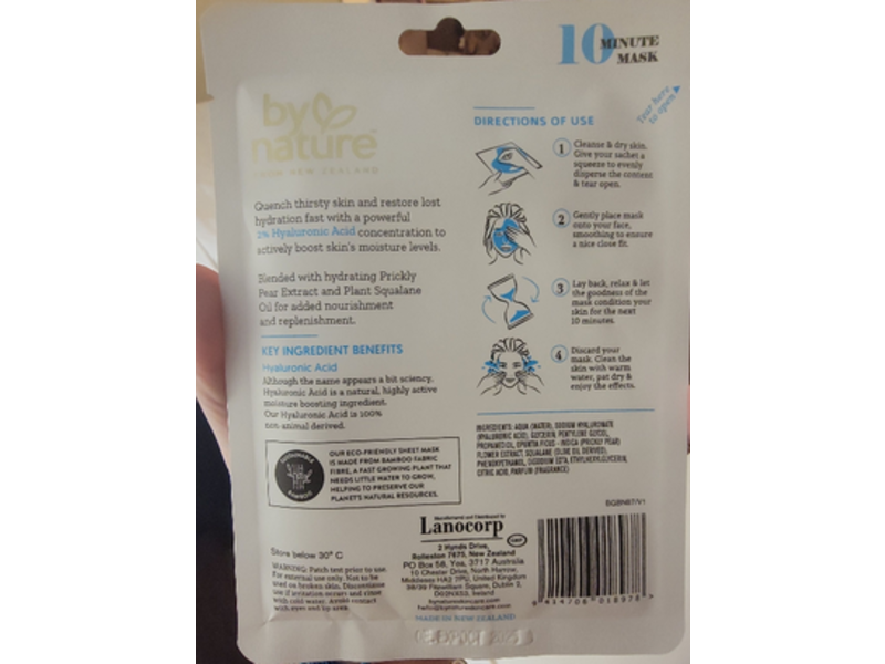 By Natures 2% hyaluronic acid Intensively Hydrating Sheet Face Mask, 0.7 oz/20 g